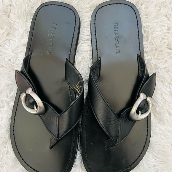 Coach Black Leather Sandals with Silver Buckle Size 8 - Picture 1 of 6
